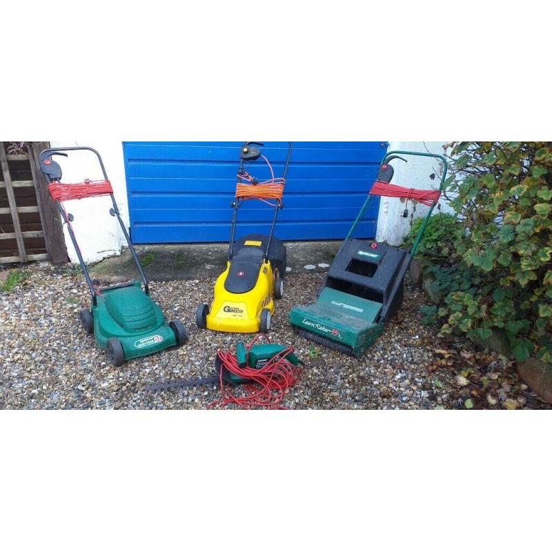 Electric Mowers x 2 plus a Lawn raker and hedge trimmer