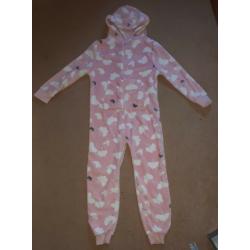 NEXT Pink Soft Fluffy Onesie All in one with Butterflies on with Hood - 12 Yrs