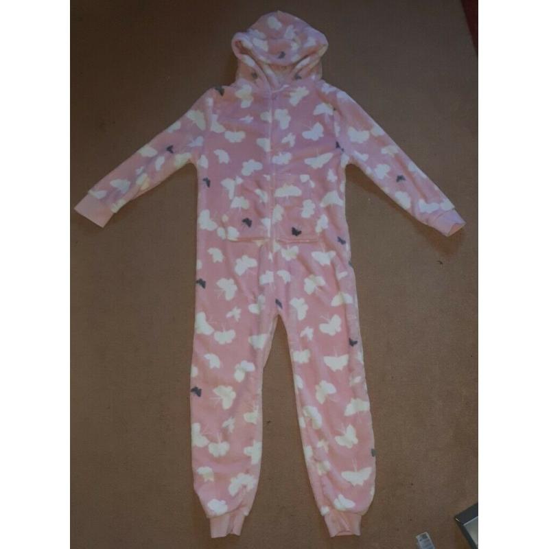 NEXT Pink Soft Fluffy Onesie All in one with Butterflies on with Hood - 12 Yrs