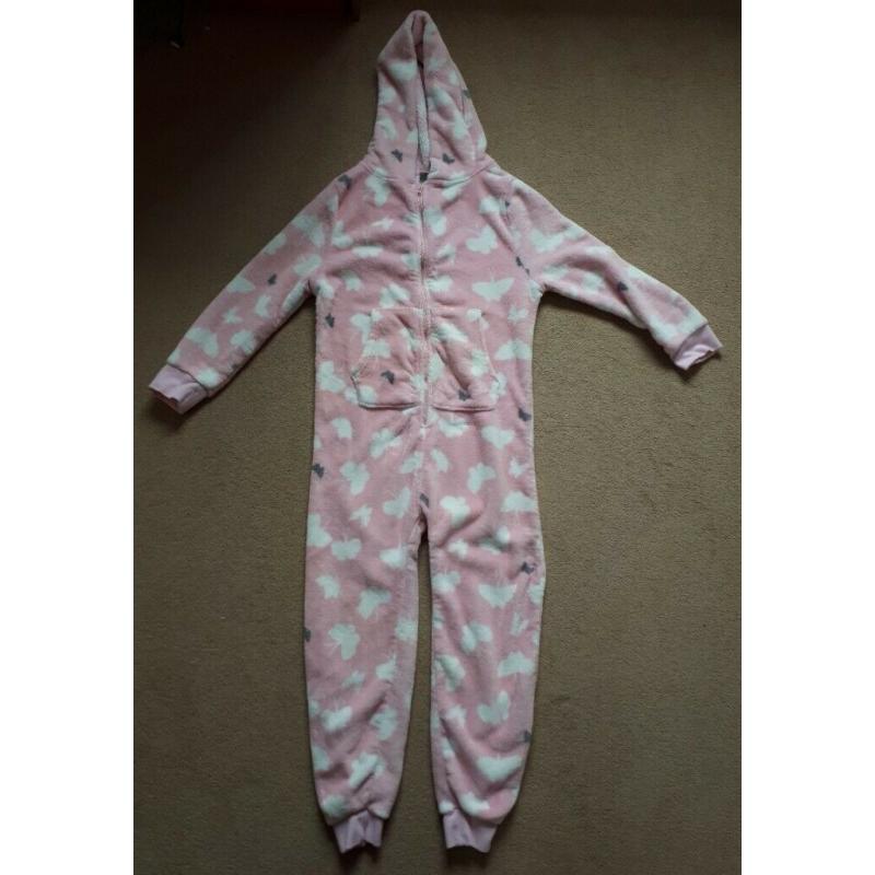 NEXT Pink Soft Fluffy Onesie All in one with Butterflies on with Hood - 12 Yrs