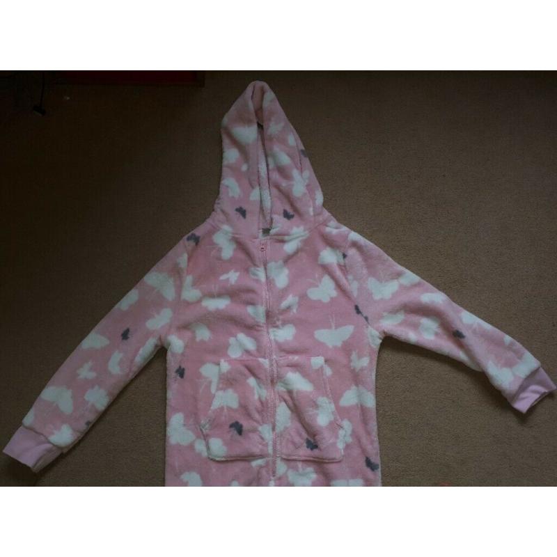 NEXT Pink Soft Fluffy Onesie All in one with Butterflies on with Hood - 12 Yrs