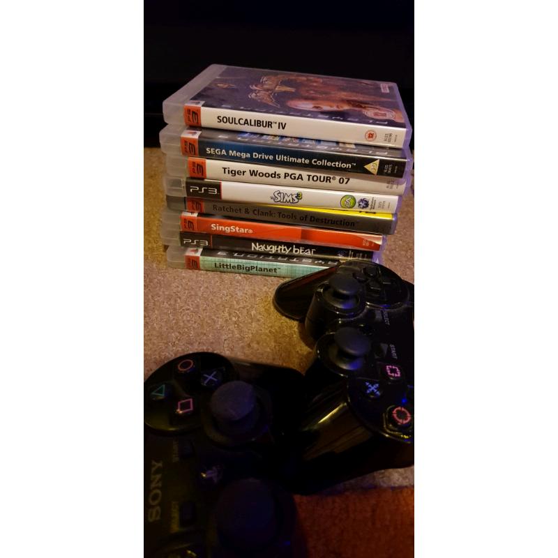 PS3 console, 2 controllers, games