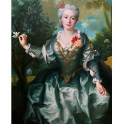 Large Original Oil Portrait Painting Of An 18thC Noble Lady Wearing A Silk Dress