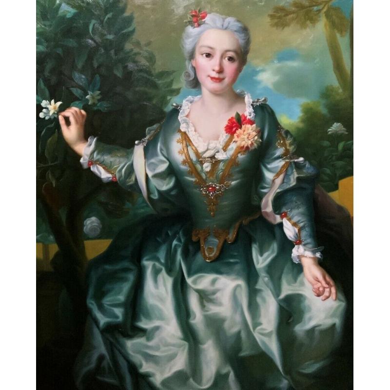 Large Original Oil Portrait Painting Of An 18thC Noble Lady Wearing A Silk Dress