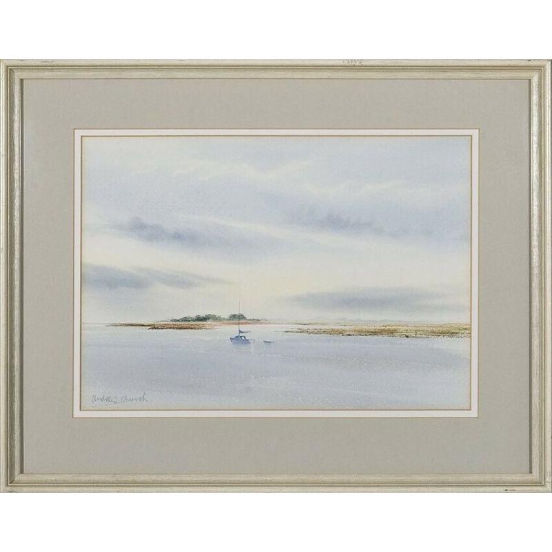 Original Watercolour painting - ?Moored on a grey morning? Wells-next-the-Sea 1980 By Andrew Church