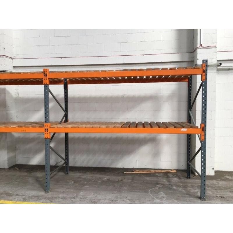 5 bay run of dexion pallet racking 1100mm deep with wood ( storage , shelving )