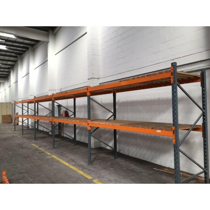 5 bay run of dexion pallet racking 1100mm deep with wood ( storage , shelving )